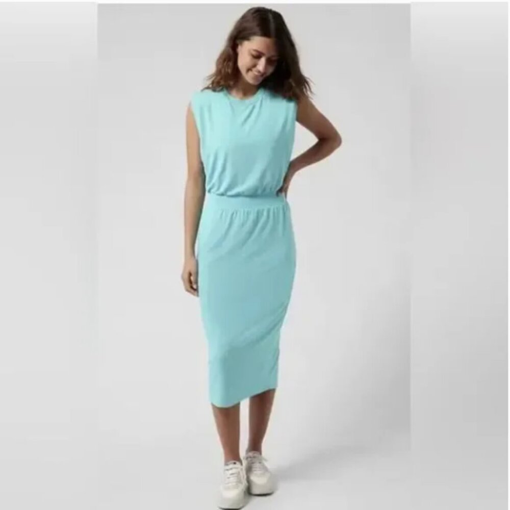 NWT Athleta Santorini Cinch Midi Jersey Dress Gulf Green in Large